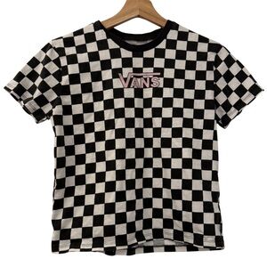 VANS Off the Wall Kids Black & White Check Crop Pink Logo TShirt, Size Large 16